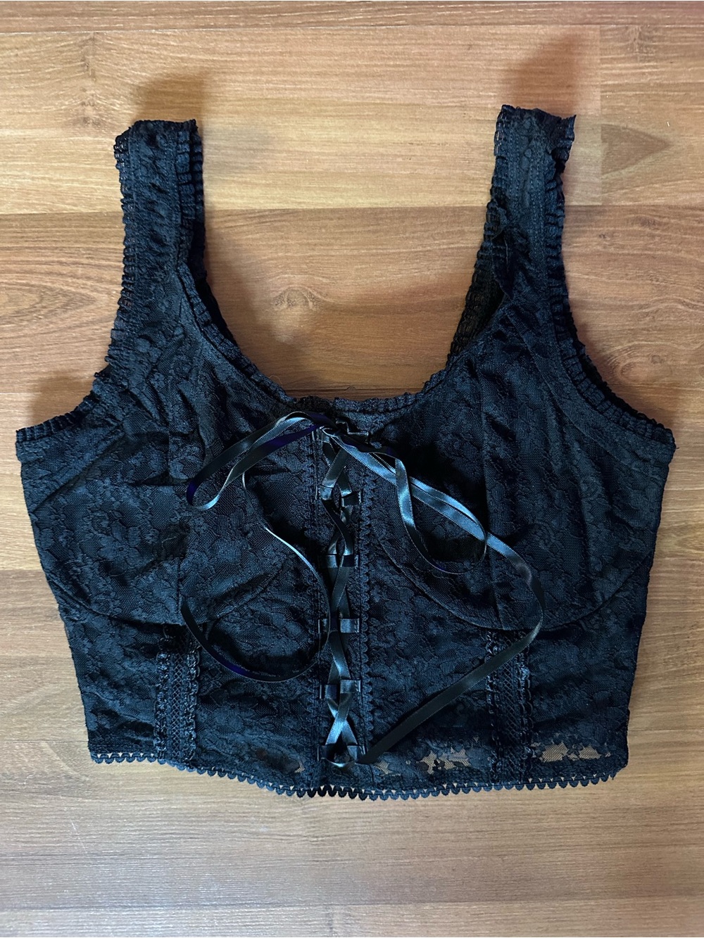 Hot Topic Black Lace Ribbon Corset Front Crop Tank Top